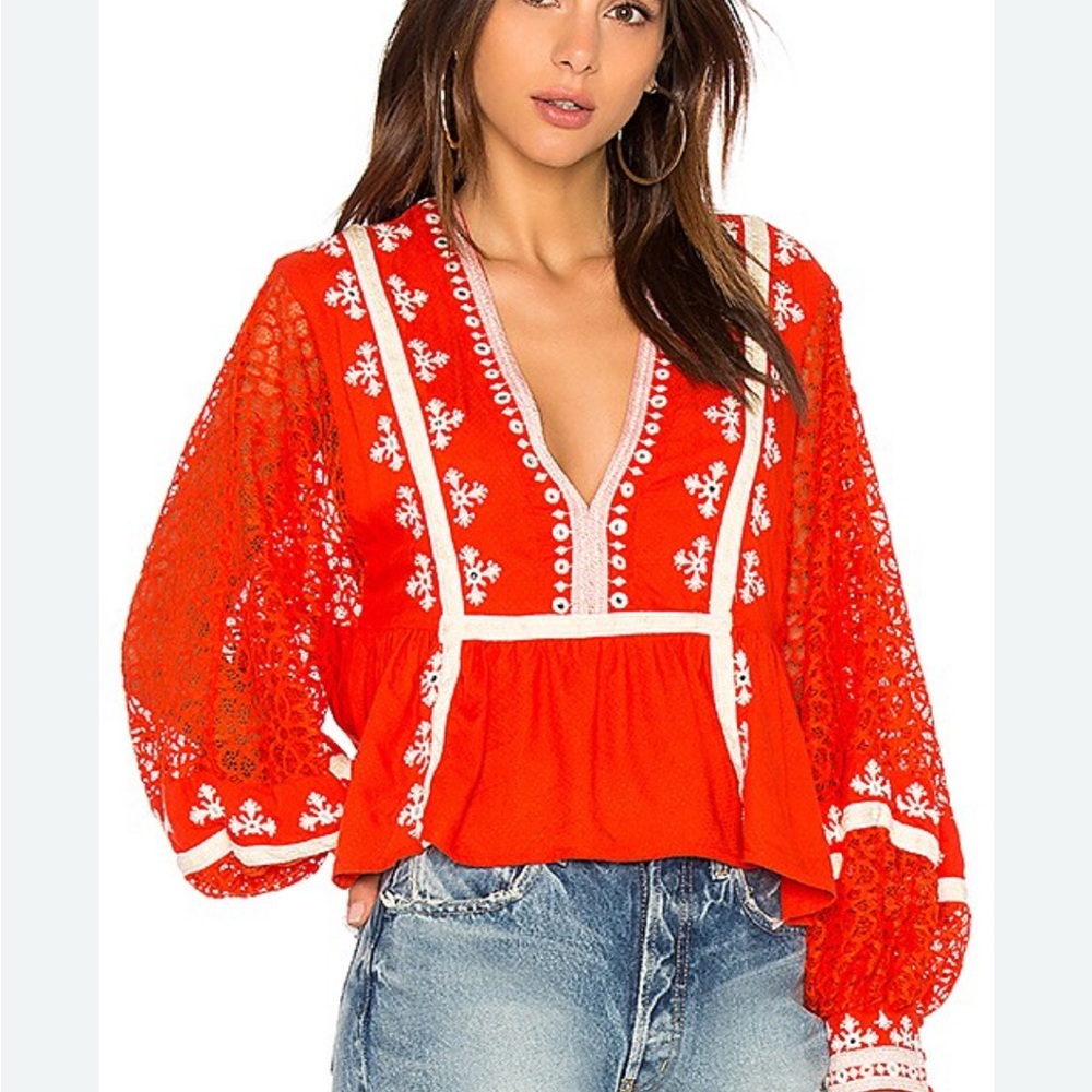 Free People Boogie all Night eyelet Lace sleeve blouse